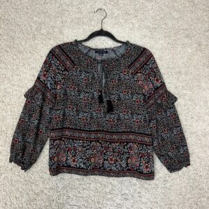 American Eagle Blouse Womens Small Black Floral Tie Tassels Boho Hippie Cottage